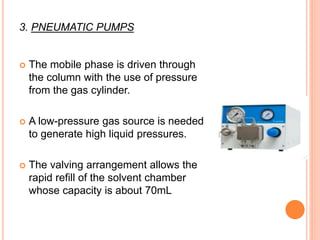 3. PNEUMATIC PUMPS
 The mobile phase is driven through
the column with the use of pressure
from the gas cylinder.
 A low-pressure gas source is needed
to generate high liquid pressures.
 The valving arrangement allows the
rapid refill of the solvent chamber
whose capacity is about 70mL
 