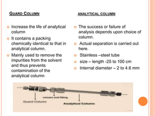 GUARD COLUMN
 Increase the life of analytical
column
 It contains a packing
chemically identical to that in
analytical column.
 Mainly used to remove the
impurities from the solvent
and thus prevents
contamination of the
analytical column
 The success or failure of
analysis depends upon choice of
column.
 Actual separation is carried out
here.
 Stainless –steel tube
 size – length -25 to 100 cm
 Internal diameter – 2 to 4.6 mm
ANALYTICAL COLUMN
 