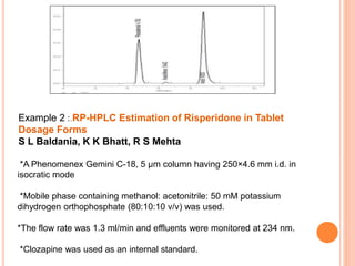 Example 2 :.RP-HPLC Estimation of Risperidone in Tablet
Dosage Forms
S L Baldania, K K Bhatt, R S Mehta
*A Phenomenex Gemini C-18, 5 μm column having 250×4.6 mm i.d. in
isocratic mode
*Mobile phase containing methanol: acetonitrile: 50 mM potassium
dihydrogen orthophosphate (80:10:10 v/v) was used.
*The flow rate was 1.3 ml/min and effluents were monitored at 234 nm.
*Clozapine was used as an internal standard.
 