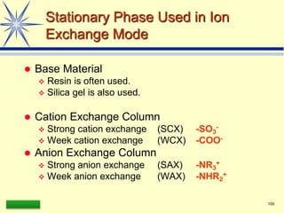 LAAQ-B-LC001B 100
Stationary Phase Used in Ion
Exchange Mode
 Base Material
 Resin is often used.
 Silica gel is also used.
 Cation Exchange Column
 Strong cation exchange (SCX) -SO3
-
 Week cation exchange (WCX) -COO-
 Anion Exchange Column
 Strong anion exchange (SAX) -NR3
+
 Week anion exchange (WAX) -NHR2
+
 