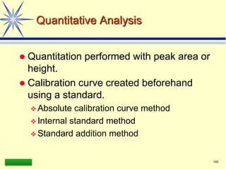 LAAQ-B-LC001B 140
Quantitative Analysis
 Quantitation performed with peak area or
height.
 Calibration curve created beforehand
using a standard.
 Absolute calibration curve method
 Internal standard method
 Standard addition method
 