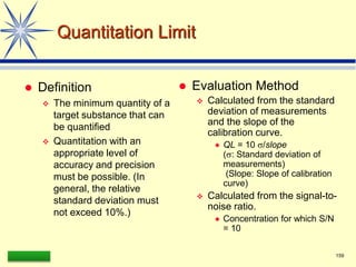 LAAQ-B-LC001B 159
Quantitation Limit
 Definition
 The minimum quantity of a
target substance that can
be quantified
 Quantitation with an
appropriate level of
accuracy and precision
must be possible. (In
general, the relative
standard deviation must
not exceed 10%.)
 Evaluation Method
 Calculated from the standard
deviation of measurements
and the slope of the
calibration curve.
 QL = 10 /slope
(: Standard deviation of
measurements)
(Slope: Slope of calibration
curve)
 Calculated from the signal-to-
noise ratio.
 Concentration for which S/N
= 10
 