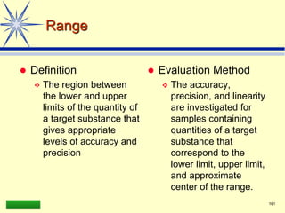 LAAQ-B-LC001B 161
Range
 Definition
 The region between
the lower and upper
limits of the quantity of
a target substance that
gives appropriate
levels of accuracy and
precision
 Evaluation Method
 The accuracy,
precision, and linearity
are investigated for
samples containing
quantities of a target
substance that
correspond to the
lower limit, upper limit,
and approximate
center of the range.
 