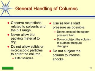 LAAQ-B-LC001B 165
General Handling of Columns
 Observe restrictions
related to solvents and
the pH range.
 Never allow the
packing material to
dry.
 Do not allow solids or
microscopic particles
to enter the column.
 Filter samples.
 Use as low a load
pressure as possible.
 Do not exceed the upper
pressure limit.
 Do not subject the column
to sudden pressure
changes.
 Do not subject the
column to intense
shocks.
 
