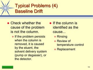 LAAQ-B-LC001B 169
Typical Problems (4)
Baseline Drift
 Check whether the
cause of the problem
is not the column.
 If the problem persists
when the column is
removed, it is caused
by the eluent, the
solvent delivery system
(pump or degasser), or
the detector.
 If the column is
identified as the
cause...
 Rinsing
 Review of
temperature control
 Replacement
 
