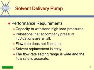 LAAQ-B-LC001B 18
Solvent Delivery Pump
 Performance Requirements
 Capacity to withstand high load pressures.
 Pulsations that accompany pressure
fluctuations are small.
 Flow rate does not fluctuate.
 Solvent replacement is easy.
 The flow rate setting range is wide and the
flow rate is accurate.
 