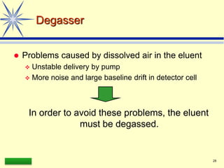 LAAQ-B-LC001B 28
Degasser
 Problems caused by dissolved air in the eluent
 Unstable delivery by pump
 More noise and large baseline drift in detector cell
In order to avoid these problems, the eluent
must be degassed.
 