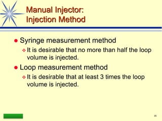 LAAQ-B-LC001B 35
Manual Injector:
Injection Method
 Syringe measurement method
 It is desirable that no more than half the loop
volume is injected.
 Loop measurement method
 It is desirable that at least 3 times the loop
volume is injected.
 