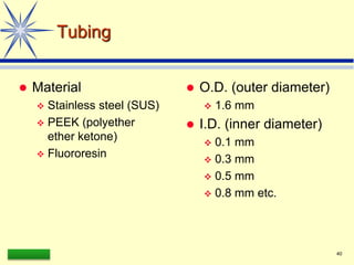 LAAQ-B-LC001B 40
Tubing
 Material
 Stainless steel (SUS)
 PEEK (polyether
ether ketone)
 Fluororesin
 O.D. (outer diameter)
 1.6 mm
 I.D. (inner diameter)
 0.1 mm
 0.3 mm
 0.5 mm
 0.8 mm etc.
 
