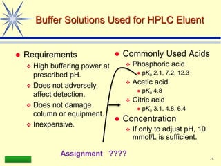 LAAQ-B-LC001B 75
Buffer Solutions Used for HPLC Eluent
 Requirements
 High buffering power at
prescribed pH.
 Does not adversely
affect detection.
 Does not damage
column or equipment.
 Inexpensive.
 Commonly Used Acids
 Phosphoric acid
 pKa 2.1, 7.2, 12.3
 Acetic acid
 pKa 4.8
 Citric acid
 pKa 3.1, 4.8, 6.4
 Concentration
 If only to adjust pH, 10
mmol/L is sufficient.
Assignment ????
 