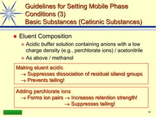 LAAQ-B-LC001B 84
Guidelines for Setting Mobile Phase
Conditions (3)
Basic Substances (Cationic Substances)
 Eluent Composition
 Acidic buffer solution containing anions with a low
charge density (e.g., perchlorate ions) / acetonitrile
 As above / methanol
Making eluent acidic
 Suppresses dissociation of residual silanol groups
 Prevents tailing!
Adding perchlorate ions
 Forms ion pairs  Increases retention strength!
 Suppresses tailing!
 