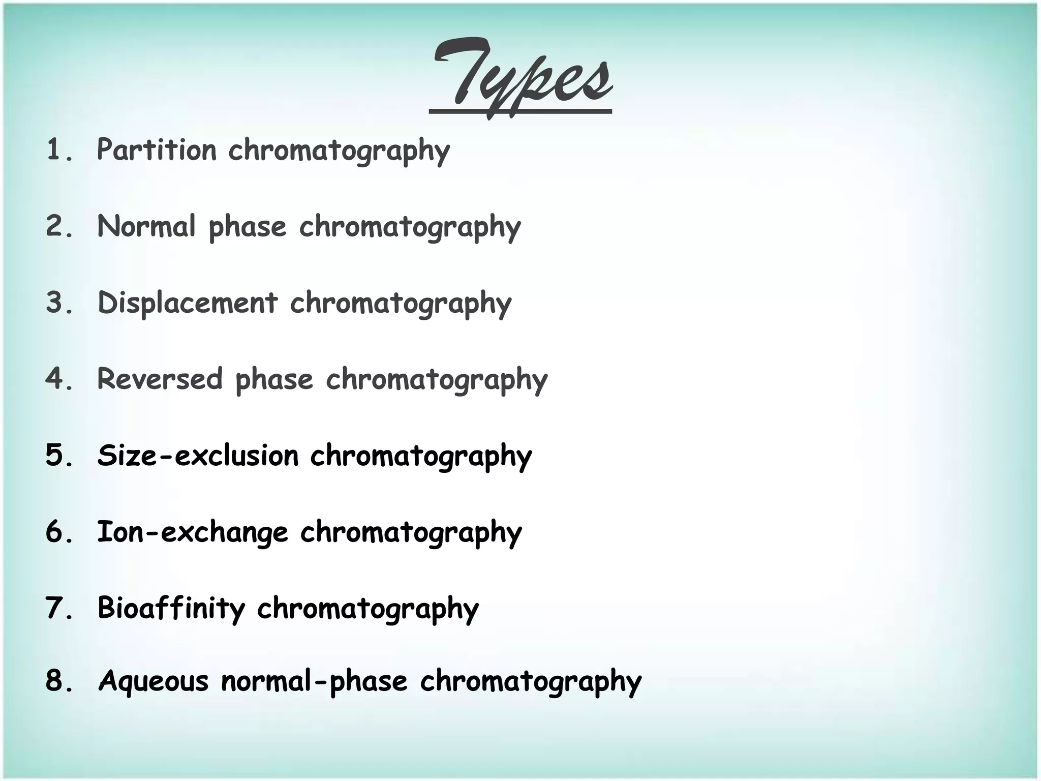 Types
1. Partition chromatography
2. Normal phase chromatography
3. Displacement chromatography
4. Reversed phase chromatography
5. Size-exclusion chromatography
6. Ion-exchange chromatography
7. Bioaffinity chromatography
8. Aqueous normal-phase chromatography
 