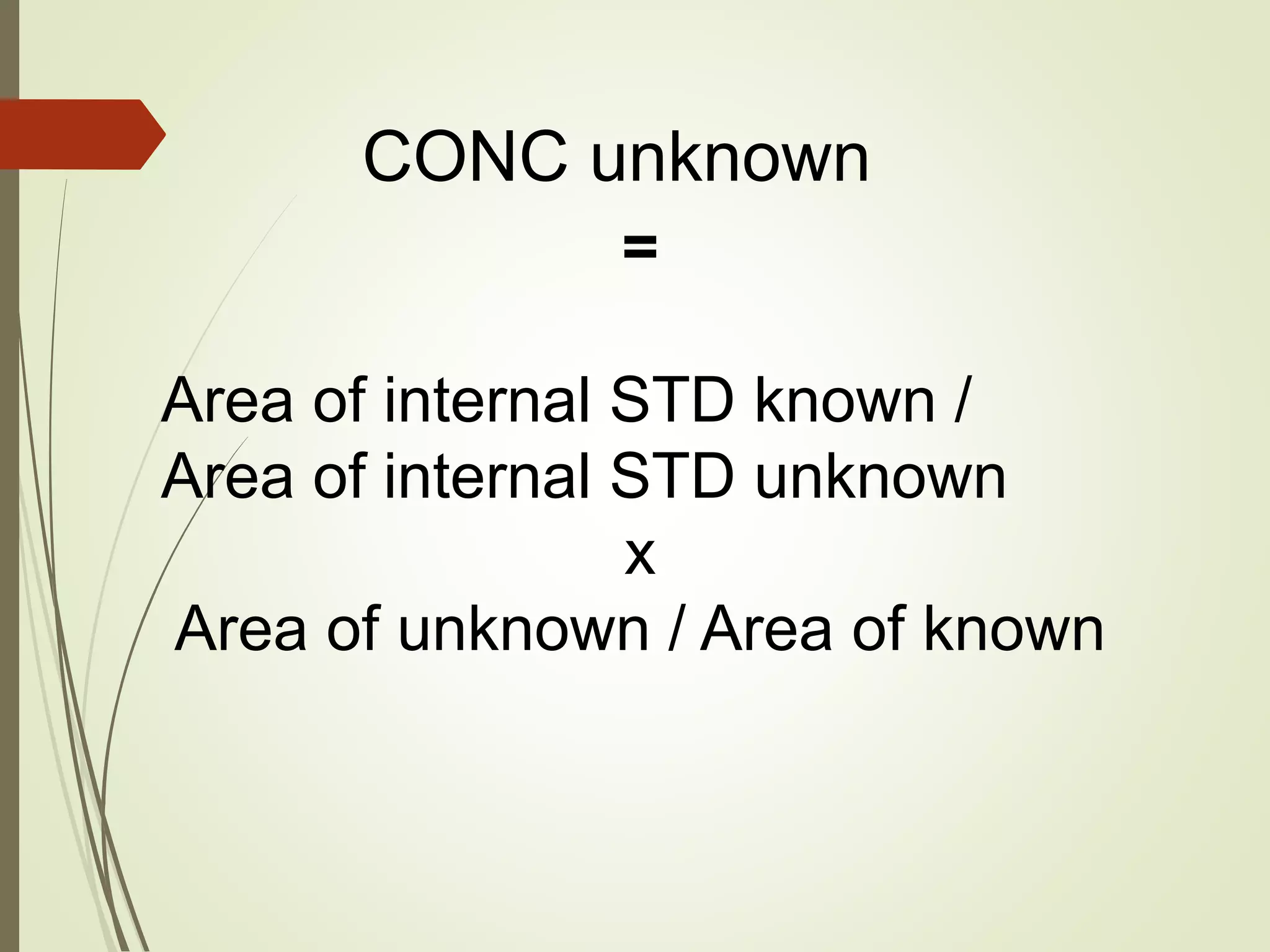 CONC unknown
=
Area of internal STD known /
Area of internal STD unknown
x
Area of unknown / Area of known
 