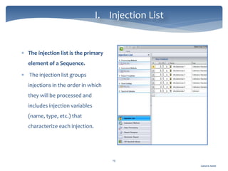 Gamal A. Hamid
I. Injection List
19
 The injection list is the primary
element of a Sequence.
 The injection list groups
injections in the order in which
they will be processed and
includes injection variables
(name, type, etc.) that
characterize each injection.
 