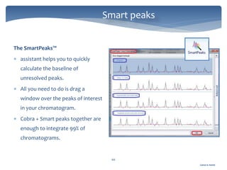 Gamal A. Hamid
Smart peaks
66
The SmartPeaks™
 assistant helps you to quickly
calculate the baseline of
unresolved peaks.
 All you need to do is drag a
window over the peaks of interest
in your chromatogram.
 Cobra + Smart peaks together are
enough to integrate 99% of
chromatograms.
 