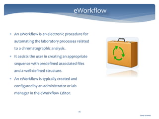 Gamal A. Hamid
eWorkflow
76
 An eWorkflow is an electronic procedure for
automating the laboratory processes related
to a chromatographic analysis.
 It assists the user in creating an appropriate
sequence with predefined associated files
and a well-defined structure.
 An eWorkflow is typically created and
configured by an administrator or lab
manager in the eWorkflow Editor.
 