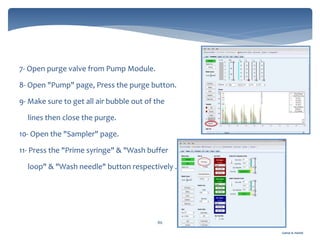 Gamal A. Hamid
86
7- Open purge valve from Pump Module.
8- Open "Pump" page, Press the purge button.
9- Make sure to get all air bubble out of the
lines then close the purge.
10- Open the "Sampler" page.
11- Press the "Prime syringe" & "Wash buffer
loop" & "Wash needle" button respectively .
 