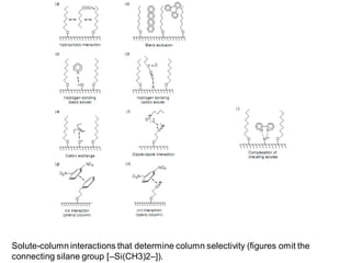 Solute-column interactions that determine column selectivity (ﬁgures omit the
connecting silane group [–Si(CH3)2–]).
 