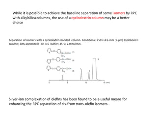 Separation of isomers with a cyclodextrin-bonded column. Conditions: 250 × 4.6-mm (5-μm) Cyclobond I
column; 30% acetonitrile–pH-4.5 buffer; 35◦C; 2.0 mL/min.
While it is possible to achieve the baseline separation of some isomers by RPC
with alkylsilica columns, the use of a cyclodextrin column may be a better
choice
Silver-ion complexation of oleﬁns has been found to be a useful means for
enhancing the RPC separation of cis-from trans-oleﬁn isomers.
 