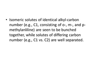 • Isomeric solutes of identical alkyl-carbon
number (e.g., C1, consisting of o-, m-, and p-
methylanliline) are seen to be bunched
together, while solutes of differing carbon
number (e.g., C1 vs. C2) are well separated.
 