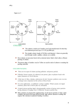 HPLc
8
Figure no :3
COLUMN:
 The column is made up of stainless steel and manufactured. So that they
can withstand pressure up to 5.5×10⁴ pa (8000 psi)
 The straight column length of 20-50cm and diameter 1-4mm are generally
used through smaller capillary columns are available.
 Best columns are precision bored with an internal mirror finish which allows efficient
packing of column.
 The porous plugs of stainless steelor Teflon are used in ends of column to retaining the
packing materials.
COLUMN PACKING:
 There are two types of column packing pellicular and porous particle.
 Pellicular former consists of a spherical, non porous, glass or polymer beads with
typical diameters of 30-40 Microns.
 A thin layer of silica, alumina, polystyrene-di-vinyl benzene synthetic resin or an ion
exchange resin is deposited on the surface of these beads.
 For some applications, an additional coating is applied. Which consists of a liquid
stationary phase that is held in place by adsorption.
 A typical porous packing liquid chromatography consists of porous micro particles
having diameter of ranging from 3-10Microns for given particle Size.
 Silica particles are prepared by agglomerating of sub micron particles of silica under
condition that lead to the large particle having high uniform diameter resulting thin
organic film chemical or physical bonding to surface.
 
