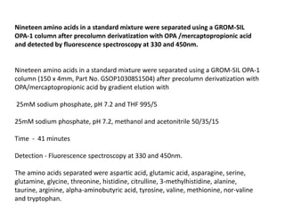 Nineteen amino acids in a standard mixture were separated using a GROM-SIL
OPA-1 column after precolumn derivatization with OPA /mercaptopropionic acid
and detected by fluorescence spectroscopy at 330 and 450nm.


Nineteen amino acids in a standard mixture were separated using a GROM-SIL OPA-1
column (150 x 4mm, Part No. GSOP10308S1504) after precolumn derivatization with
OPA/mercaptopropionic acid by gradient elution with

25mM sodium phosphate, pH 7.2 and THF 995/5

25mM sodium phosphate, pH 7.2, methanol and acetonitrile 50/35/15

Time - 41 minutes

Detection - Fluorescence spectroscopy at 330 and 450nm.

The amino acids separated were aspartic acid, glutamic acid, asparagine, serine,
glutamine, glycine, threonine, histidine, citrulline, 3-methylhistidine, alanine,
taurine, arginine, alpha-aminobutyric acid, tyrosine, valine, methionine, nor-valine
and tryptophan.
 