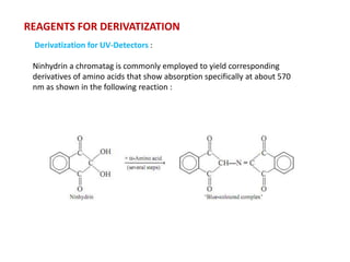 REAGENTS FOR DERIVATIZATION
 Derivatization for UV-Detectors :

 Ninhydrin a chromatag is commonly employed to yield corresponding
 derivatives of amino acids that show absorption specifically at about 570
 nm as shown in the following reaction :
 