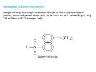 Derivatization for Fluorescence Detectors

Dansyl Chloride (a fluorotag) is invariably used to obtain fluorescent derivatives of
proteins, amines and phenolic compounds, the excitation and emission wavelengths being
335 to 365 nm and 520 nm respectively.
 