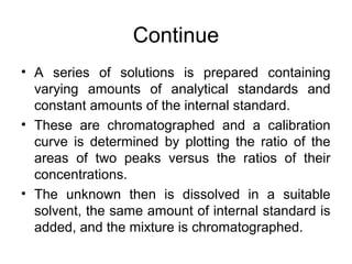 Continue
• A series of solutions is prepared containing
varying amounts of analytical standards and
constant amounts of the internal standard.
• These are chromatographed and a calibration
curve is determined by plotting the ratio of the
areas of two peaks versus the ratios of their
concentrations.
• The unknown then is dissolved in a suitable
solvent, the same amount of internal standard is
added, and the mixture is chromatographed.
 