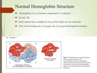 Normal Hemoglobin Structure
 Hemoglobin A is a tetramer composed of 4 subunits: –
 2α and 2β.
 Each subunit has a porphyrin ring which holds an iron molecule.
 This is the binding site of oxygen site of oxygen Hemoglobin tetramer.
 
