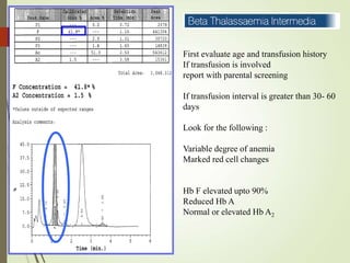 First evaluate age and transfusion history
If transfusion is involved
report with parental screening
If transfusion interval is greater than 30- 60
days
Look for the following :
Variable degree of anemia
Marked red cell changes
Hb F elevated upto 90%
Reduced Hb A
Normal or elevated Hb A2
 