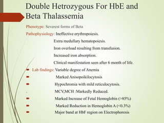 Double Hetrozygous For HbE and
Beta Thalassemia
Phenotype: Severest forms of Beta
Pathophysiology: Ineffective erythropoiesis.
Extra medullary hematopoiesis.
Iron overload resulting from transfusion.
Increased iron absorption.
Clinical manifestation seen after 6 month of life.
 Lab findings: Variable degree of Anemia
 Marked Anisopoikilocytosis
 Hypochromia with mild reticulocytosis.
. MCV,MCH :Markedly Reduced.
 Marked Increase of Fetal Hemoglobin (>85%)
 Marked Reduction in Hemoglobin A (<0.3%)
 Major band at HbF region on Electrophoresis
 