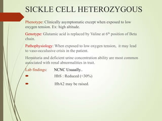 SICKLE CELL HETEROZYGOUS
Phenotype: Clinically asymptomatic except when exposed to low
oxygen tension. Ex: high altitude.
Genotype: Glutamic acid is replaced by Valine at 6th position of Beta
chain.
Pathophysiology: When exposed to low oxygen tension, it may lead
to vaso-occulusive crisis in the patient.
Hematuria and deficient urine concentration ability are most common
associated with renal abnormalities in trait.
Lab findings: NCNC Usuaally..
 HbS : Reduced (<30%)
 HbA2 may be raised.
 