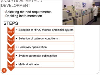 ANALYTICAL METHOD
DEVELOPMENT
•Selecting method requirements
•Deciding instrumentation
5
STEPS
Step 1
• Selection of HPLC method and initial system
Step 2
• Selection of optimum conditions
Step 3
• Selectivity optimization
Step 4
• System parameter optimization
Step 5
• Method validation
 