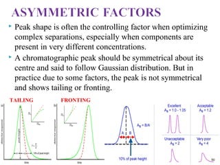  Peak shape is often the controlling factor when optimizing
complex separations, especially when components are
present in very different concentrations.
 A chromatographic peak should be symmetrical about its
centre and said to follow Gaussian distribution. But in
practice due to some factors, the peak is not symmetrical
and shows tailing or fronting.
FRONTINGTAILING
50
 