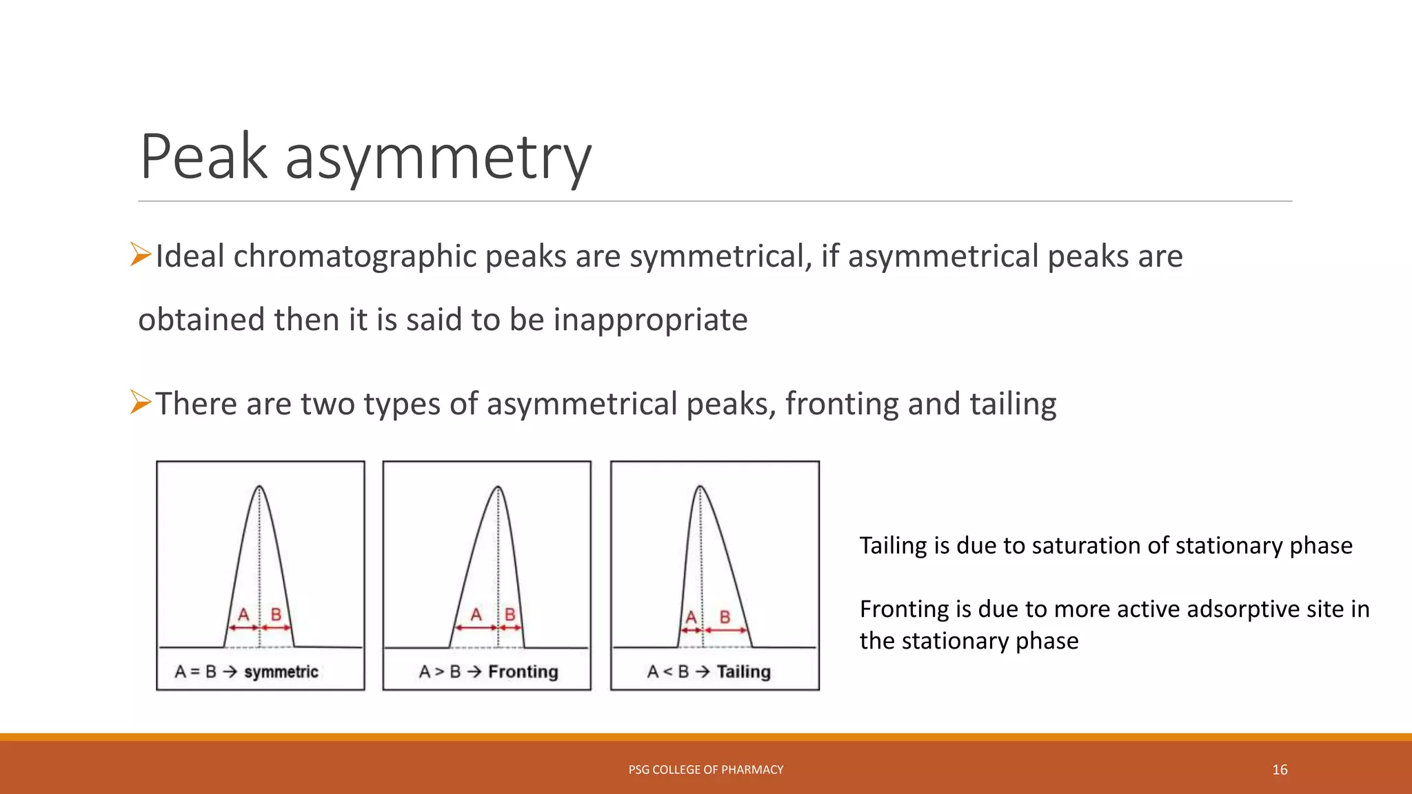 Peak asymmetry
Ideal chromatographic peaks are symmetrical, if asymmetrical peaks are
obtained then it is said to be inappropriate
There are two types of asymmetrical peaks, fronting and tailing
PSG COLLEGE OF PHARMACY 16
Tailing is due to saturation of stationary phase
Fronting is due to more active adsorptive site in
the stationary phase
 