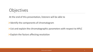 Objectives
At the end of this presentation, listeners will be able to
Identify the components of chromatogram
List and explain the chromatographic parameters with respect to HPLC
Explain the factors affecting resolution
PSG COLLEGE OF PHARMACY 3
 
