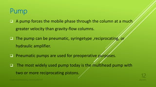 Pump
 A pump forces the mobile phase through the column at a much
greater velocity than gravity-flow columns.
 The pump can be pneumatic, syringetype ,reciprocating, or
hydraulic amplifier.
 Pneumatic pumps are used for preoperative purposes.
 The most widely used pump today is the multihead pump with
two or more reciprocating pistons.
4/6/2022
UJJAIN CHAURASIA/M.Sc chemistry/18311127
12
 