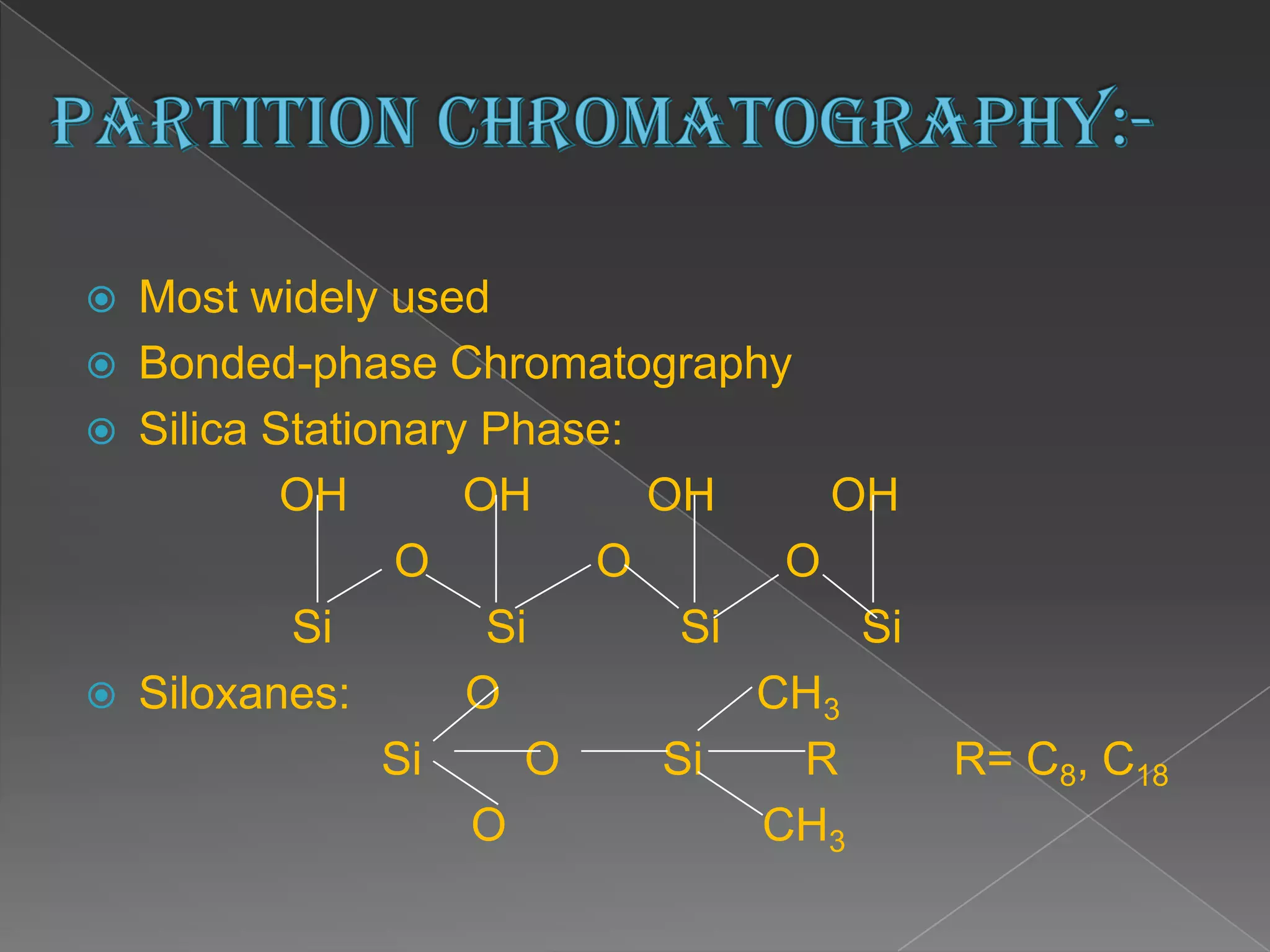 Partition Chromatography:-Most widely usedBonded-phase ChromatographySilica Stationary Phase:           OH         OH         OH         OH