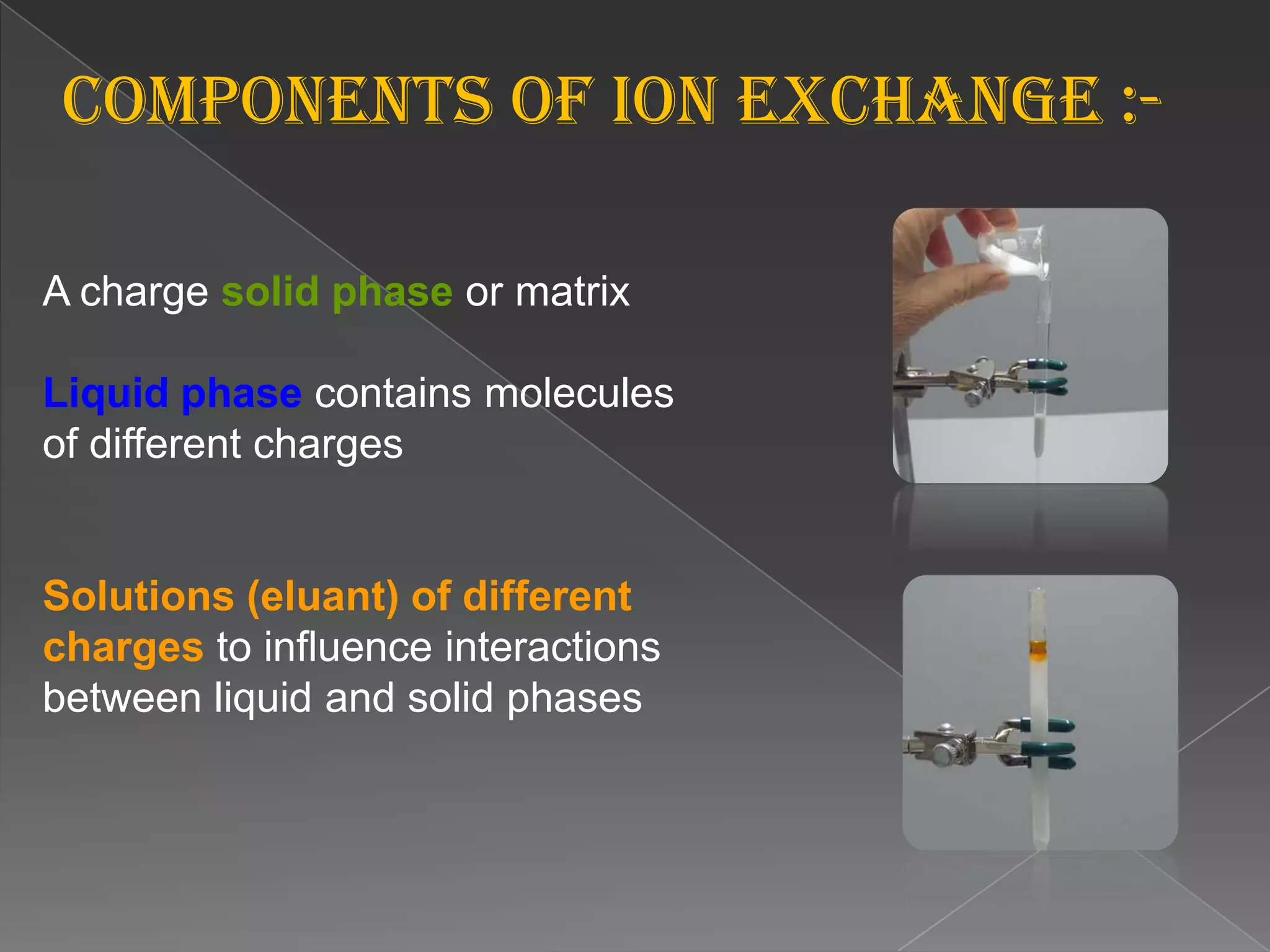 2. ION EXCHANGE CHROMATOGRAPHYIon-exchange chromatography is a process that allows the separation of ions and polar molecules based on their charge. It can be used for almost any kind of charged molecule including large proteins, small nucleotides and amino acids. The solution to be injected is usually called a sample, and the individually separated components are called analytes. It is often used in protein purification, water analysis, and quality controlIon exchange chromatography retains analyte molecules on the column based on coulombic (ionic) interactions. The stationary phase surface displays ionic functional groups (R-X) that interact with analyte ions of opposite charge. This type of chromatography is further subdivided into cation exchange chromatography and anion exchange chromatography. The ionic compound consisting of the cationic species M+ and the anionic species B- can be retained by the stationary phase.