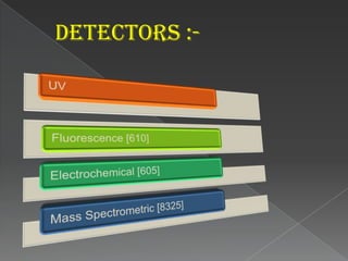 ACCESSORIES FOR HPLC EQUIPMENT :-HPLC COLOUMS:-The column is one of the most important components of the HPLC chromatograph because the separation of the sample components is achieved when those components pass through the column. The High performance liquid chromatography apparatus is made out of stainless steel tubes with a diameter of 3 to 5mm and a length ranging 10 -30cmNormally, columns are filled with silametica gel because its particle shape, surface properties, and pore structure help to get a good separation. Silica can be used to separate a wide variety of chemical compounds, and its chromatographic behavior is generally predictable and reproducible.