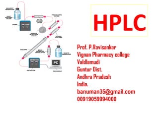 HPLC
Prof. P.Ravisankar
Vignan Pharmacy college
Valdlamudi
Guntur Dist.
Andhra Pradesh
India.
banuman35@gmail.com
00919059994000
 