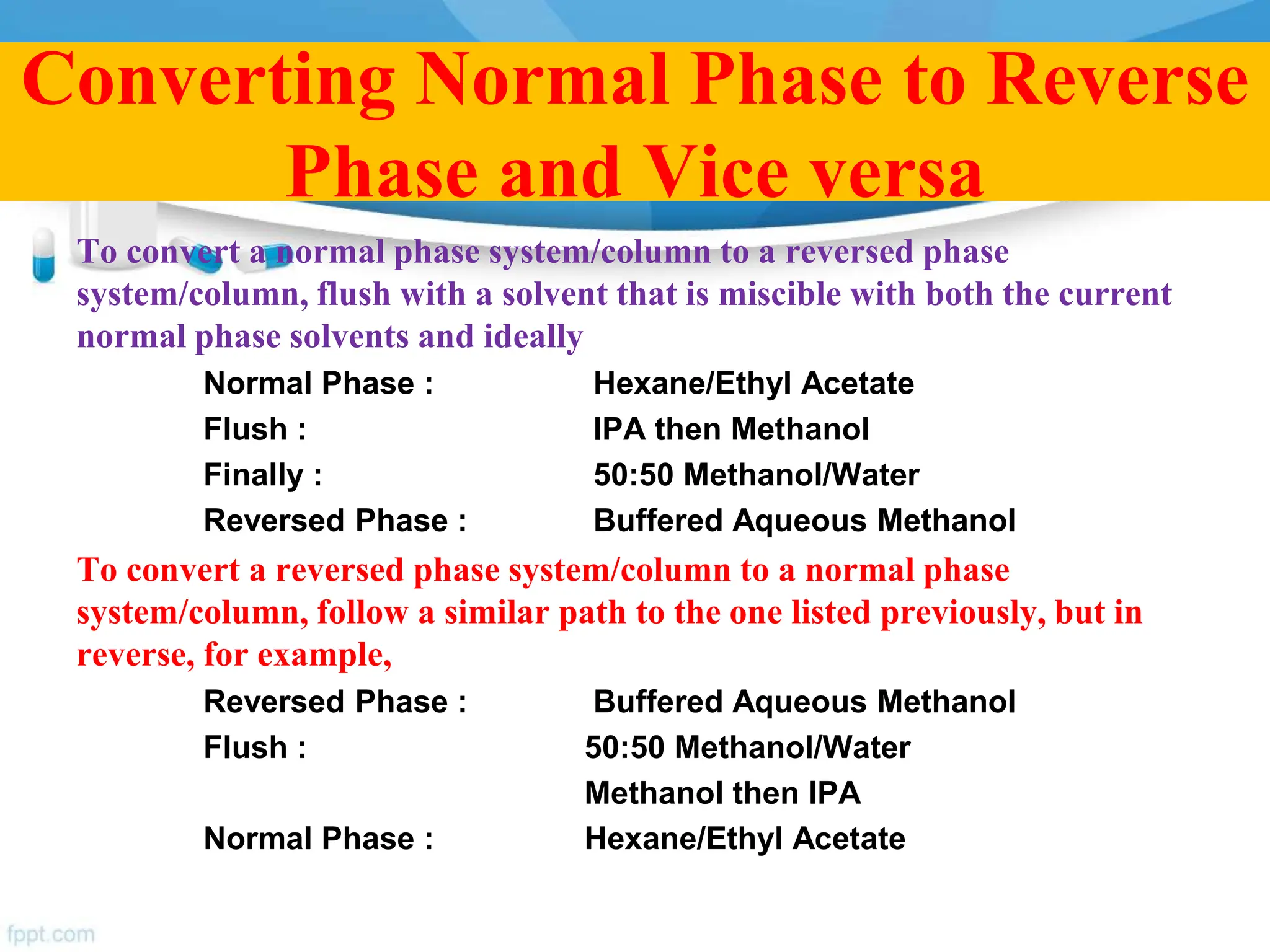 Converting Normal Phase to Reverse
Phase and Vice versa
To convert a normal phase system/column to a reversed phase
system/column, flush with a solvent that is miscible with both the current
normal phase solvents and ideally
Normal Phase : Hexane/Ethyl Acetate
Flush : IPA then Methanol
Finally : 50:50 Methanol/Water
Reversed Phase : Buffered Aqueous Methanol
To convert a reversed phase system/column to a normal phase
system/column, follow a similar path to the one listed previously, but in
reverse, for example,
Reversed Phase : Buffered Aqueous Methanol
Flush : 50:50 Methanol/Water
Methanol then IPA
Normal Phase : Hexane/Ethyl Acetate
 