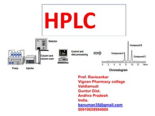 HPLC
Prof. Ravisankar
Vignan Pharmacy college
Valdlamudi
Guntur Dist.
Andhra Pradesh
India.
banuman35@gmail.com
00919059994000
 