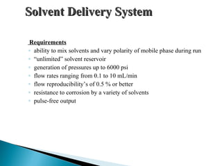 Solvent Delivery SystemSolvent Delivery System
Requirements
◦ ability to mix solvents and vary polarity of mobile phase during run
◦ “unlimited” solvent reservoir
◦ generation of pressures up to 6000 psi
◦ flow rates ranging from 0.1 to 10 mL/min
◦ flow reproducibility’s of 0.5 % or better
◦ resistance to corrosion by a variety of solvents
◦ pulse-free output
 