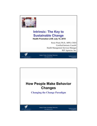 Intrinsic: The Key to
   Sustainable Change
   Health Promotion LIVE July 15, 2010

                      Rosie Ward, Ph.D., MPH, CHES
                            Certified Intrinsic Coach®
                 Health Management Services Manager
                                    RJF Agencies, Inc.




How People Make Behavior
       Changes
  Changing the Change Paradigm
 