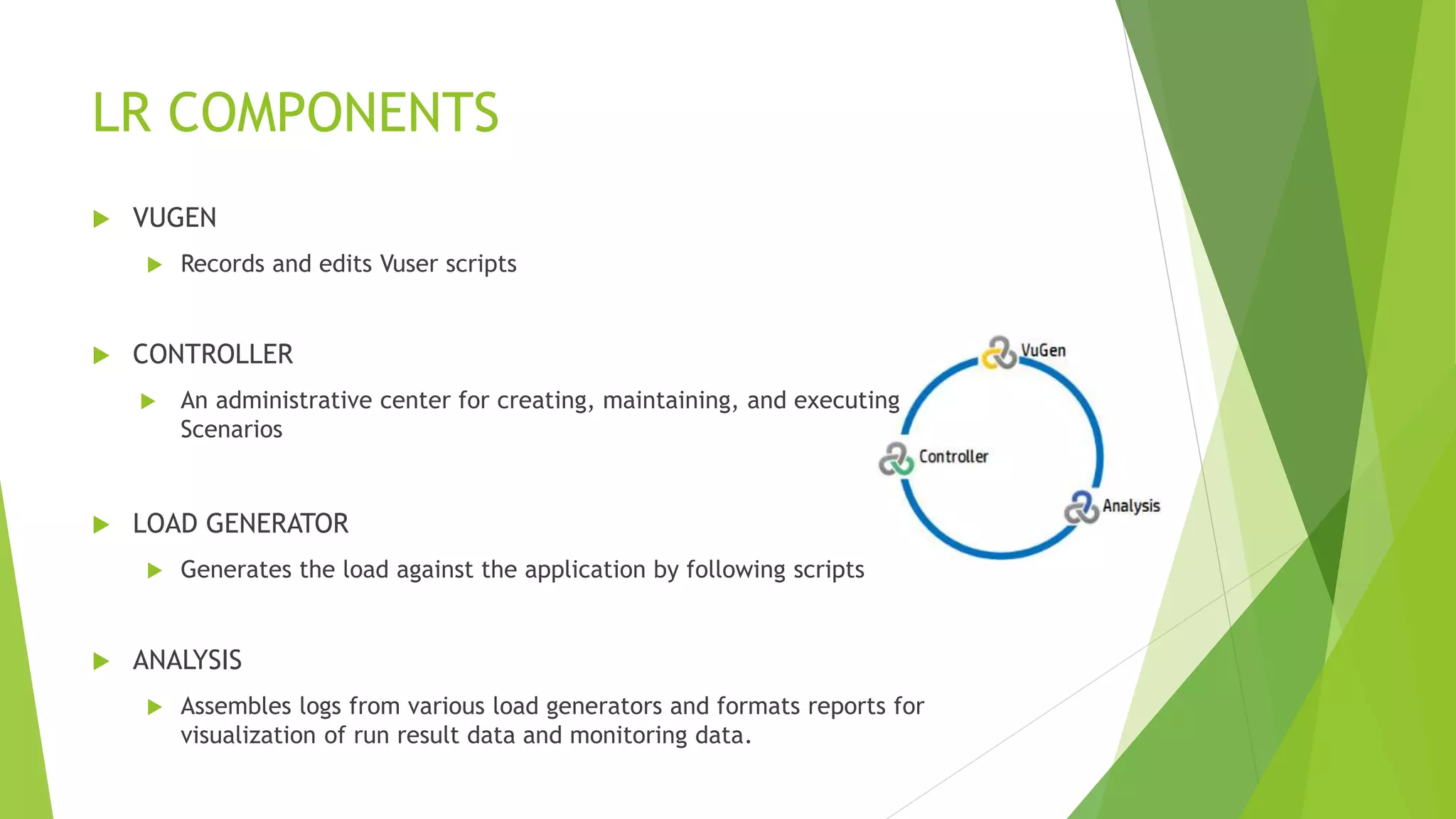 LR COMPONENTS
 VUGEN
 Records and edits Vuser scripts
 CONTROLLER
 An administrative center for creating, maintaining, and executing
Scenarios
 LOAD GENERATOR
 Generates the load against the application by following scripts
 ANALYSIS
 Assembles logs from various load generators and formats reports for
visualization of run result data and monitoring data.
 