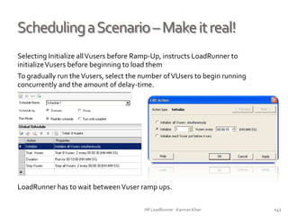 SchedulingaScenario–Makeitreal!
Selecting Initialize allVusers before Ramp-Up, instructs LoadRunner to
initializeVusers before beginning to load them
To gradually run theVusers, select the number ofVUsers to begin running
concurrently and the amount of delay-time.
LoadRunner has to wait betweenVuser ramp ups.
HP LoadRunner - Kamran Khan – ChromeIS.com/institute 143
 