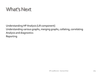 What'sNext
Understanding HP Analysis [LR component]
Understanding various graphs, merging graphs, collating, correlating
Analysis and diagnostics
Reporting
HP LoadRunner - Kamran Khan – ChromeIS.com/institute 179
 