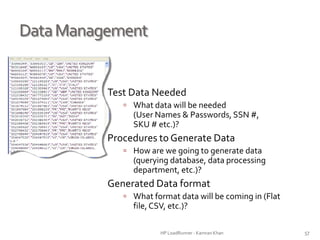 DataManagement
Test Data Needed
 What data will be needed
(User Names & Passwords, SSN #,
SKU # etc.)?
Procedures to Generate Data
 How are we going to generate data
(querying database, data processing department,
etc.)?
Generated Data format
 What format data will be coming in (Flat file, CSV,
etc.)?
HP LoadRunner - Kamran Khan – ChromeIS.com/institute 57
 